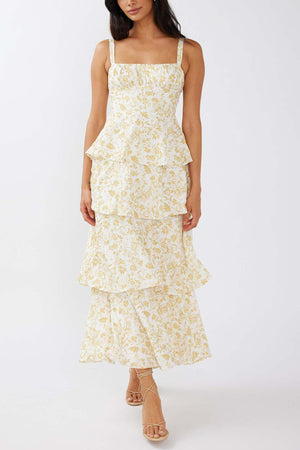 Arolora Floral Print Tie-up Tiered Midi Dress
