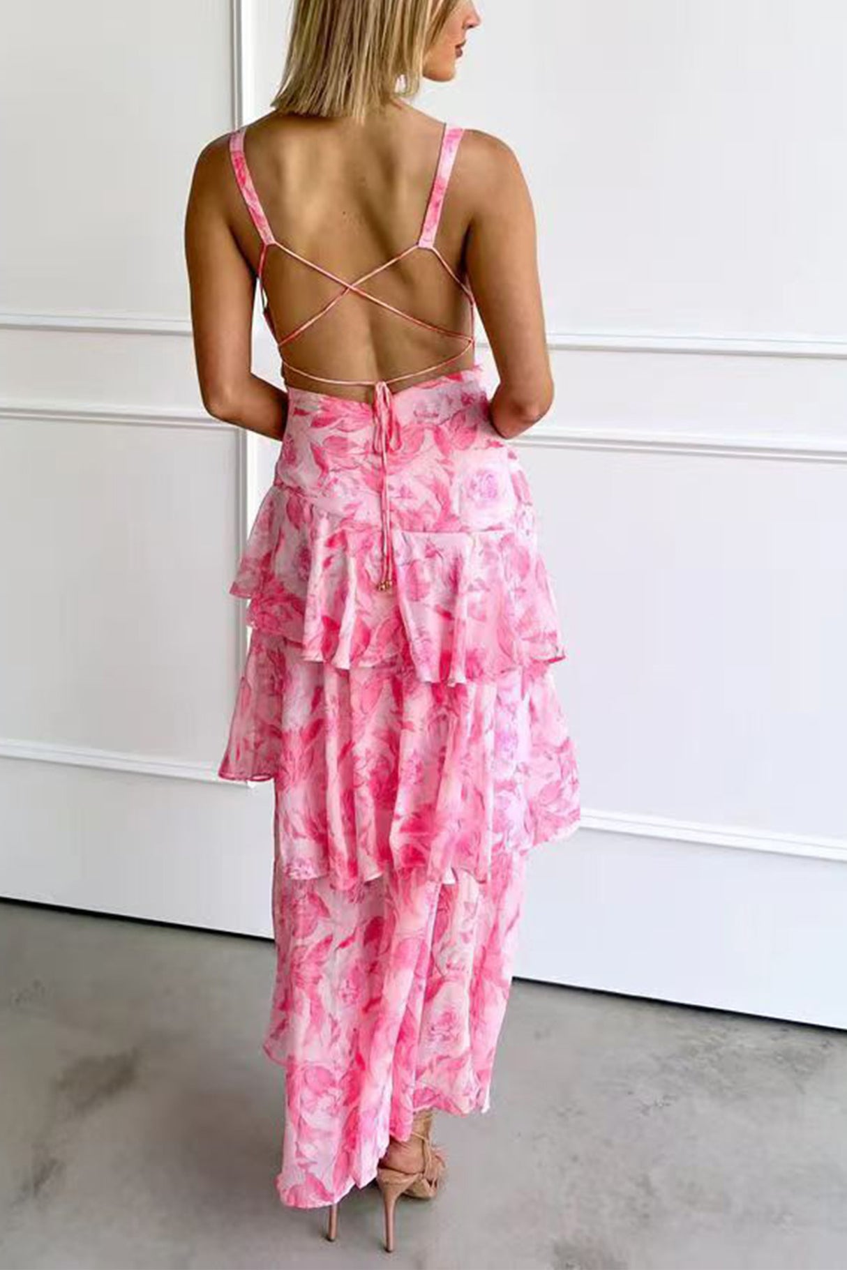 Arolora Floral Print Tie-up Back Chiffon Tiered Dress