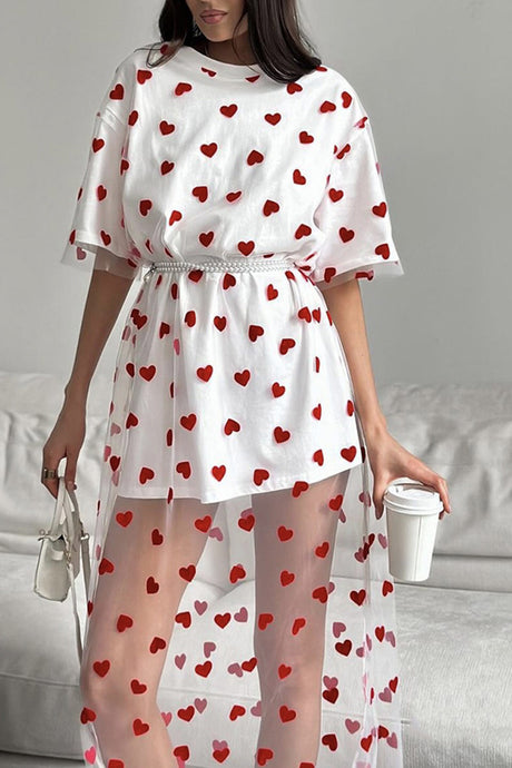 Arolora Heart Print Mesh Patchwork T-shirt Dress