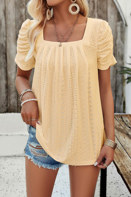 Arolora Square Neck Puff Sleeve Hollow Out Blouse
