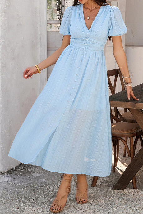 Arolora Puff Sleeve Single Breasted Slit Dress