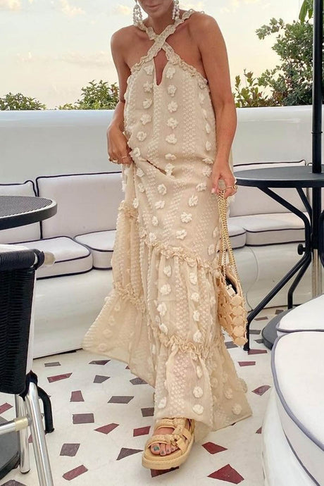 Arolora 3D Floral Criss-cross Halterneck Maxi Dress