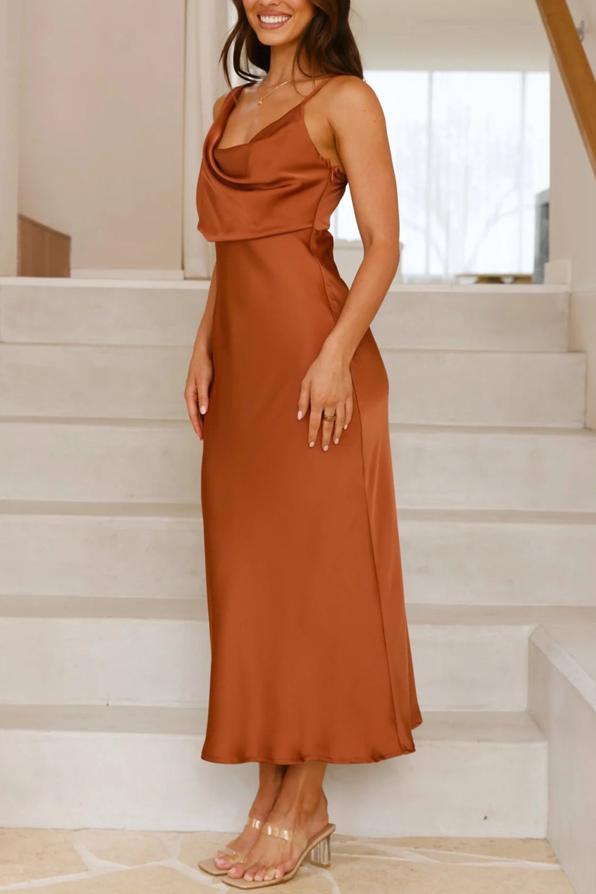 Arolora Satin Cowl-Neck Cami Dress