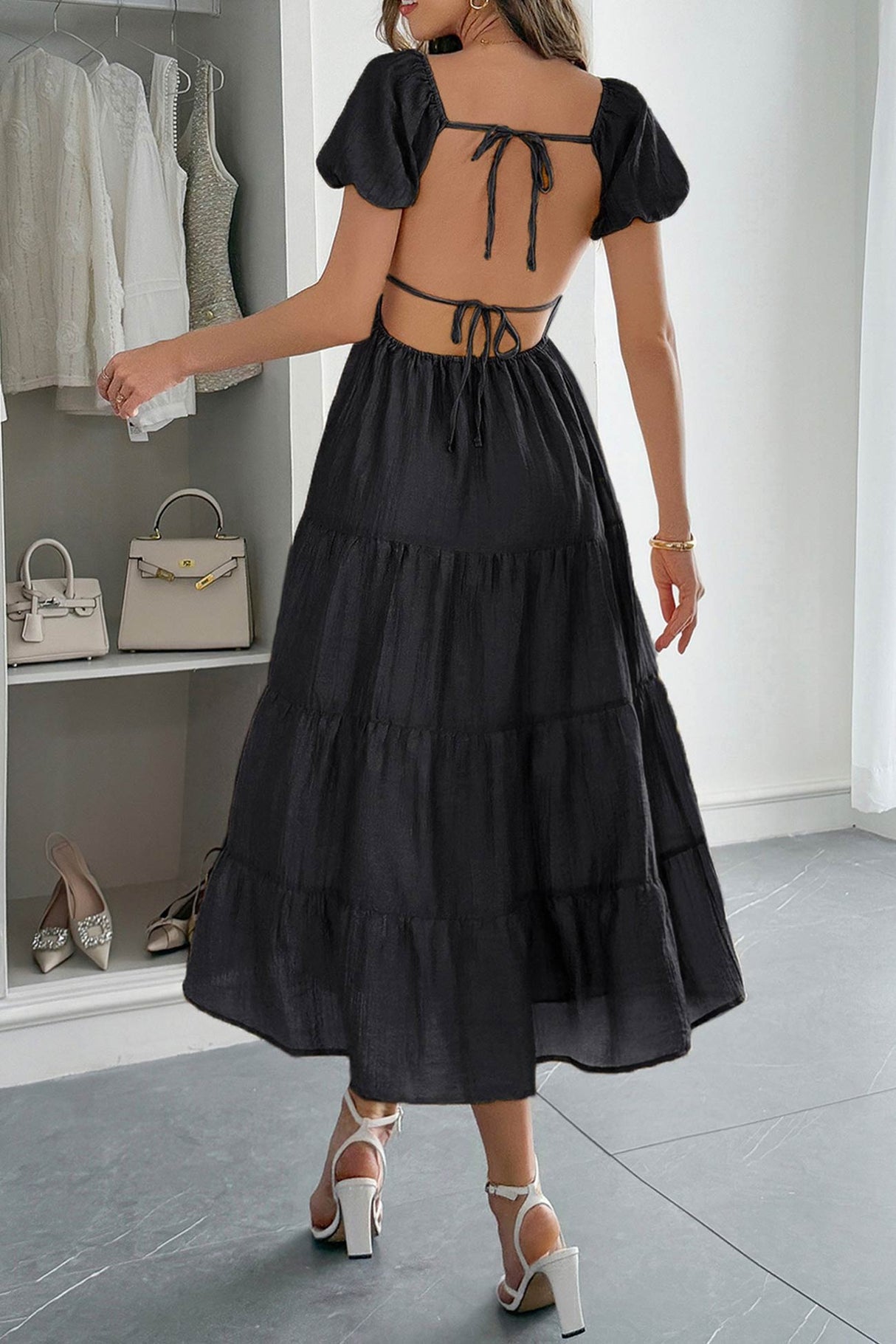 Arolora Low Cut Puff Sleeve Backless Tiered Dress