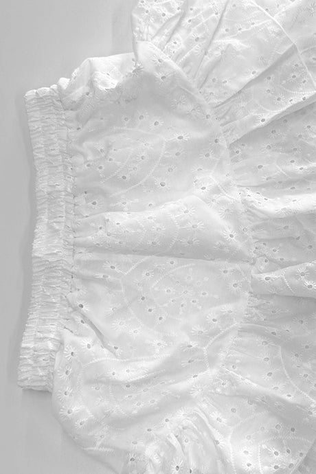 Arolora Hollow-out Jacquard Blouse Tiered Shorts Set