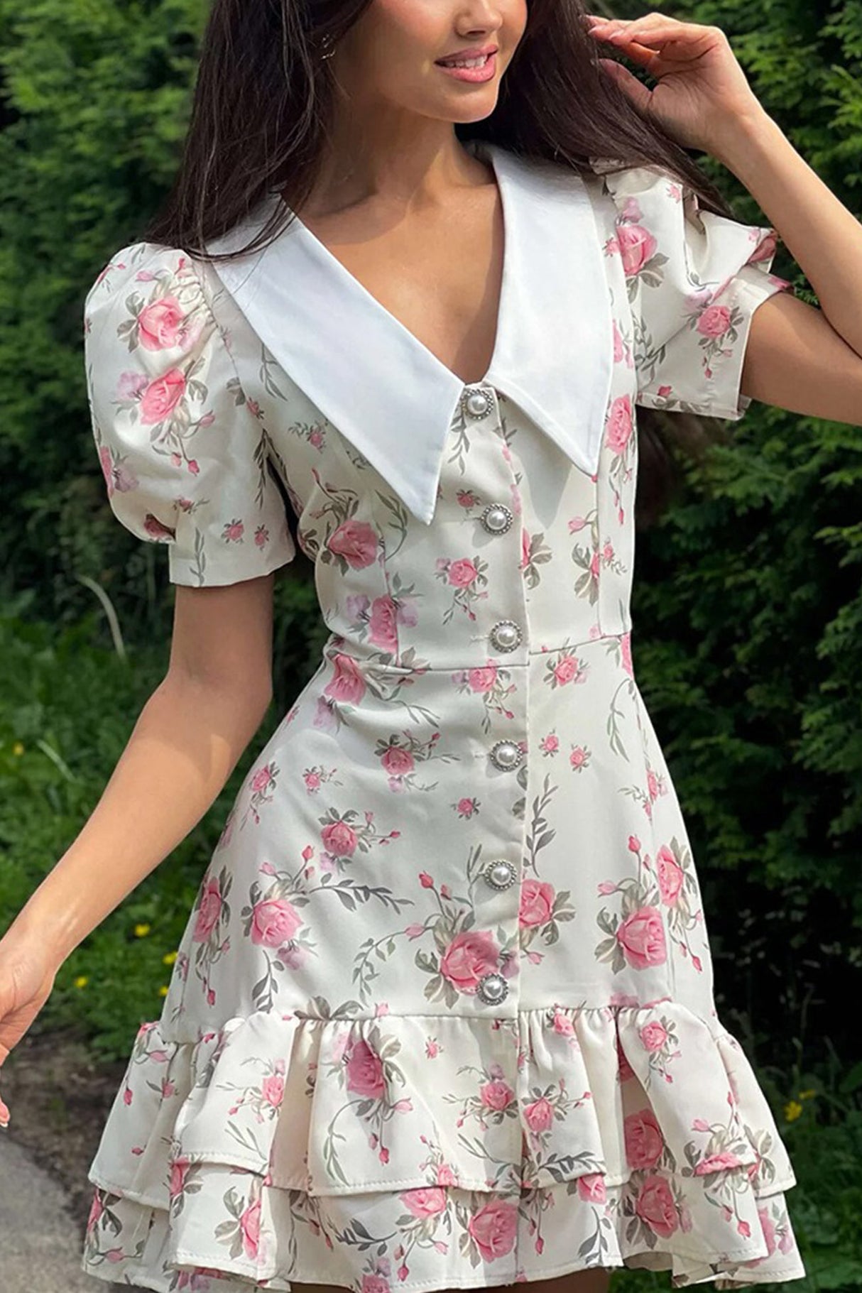 Arolora V-Neck Puff Sleeve A-line Ruffle Mini Dress