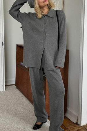 Lapel Button-down Ribbed Knit Two-piece Set