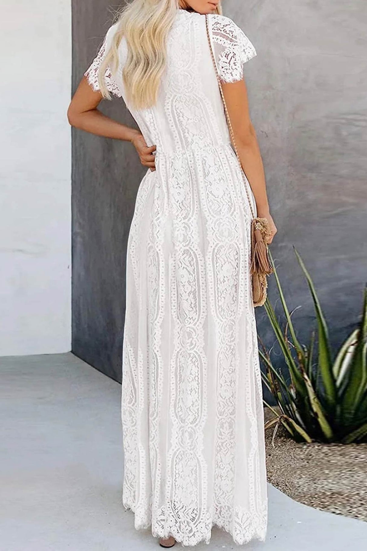 V Neck Lace Embroidery Maxi Dress