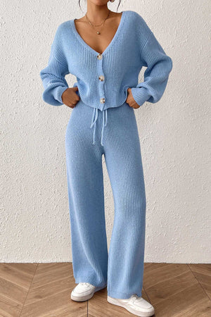 Button-down Crop Cardigan Pants Set