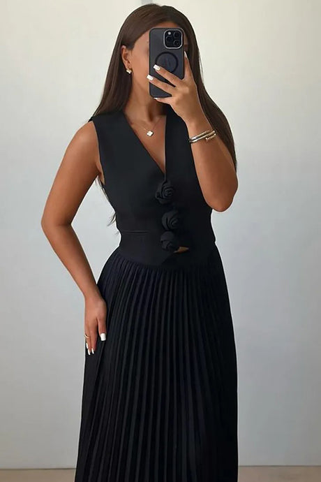 3D Floral Vest Pleated Maxi Skirt Set