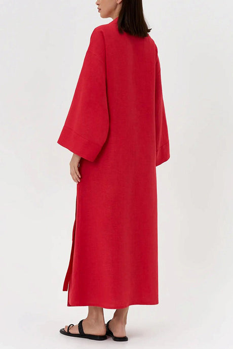 Lapel Tie-up Cotton Linen Dress
