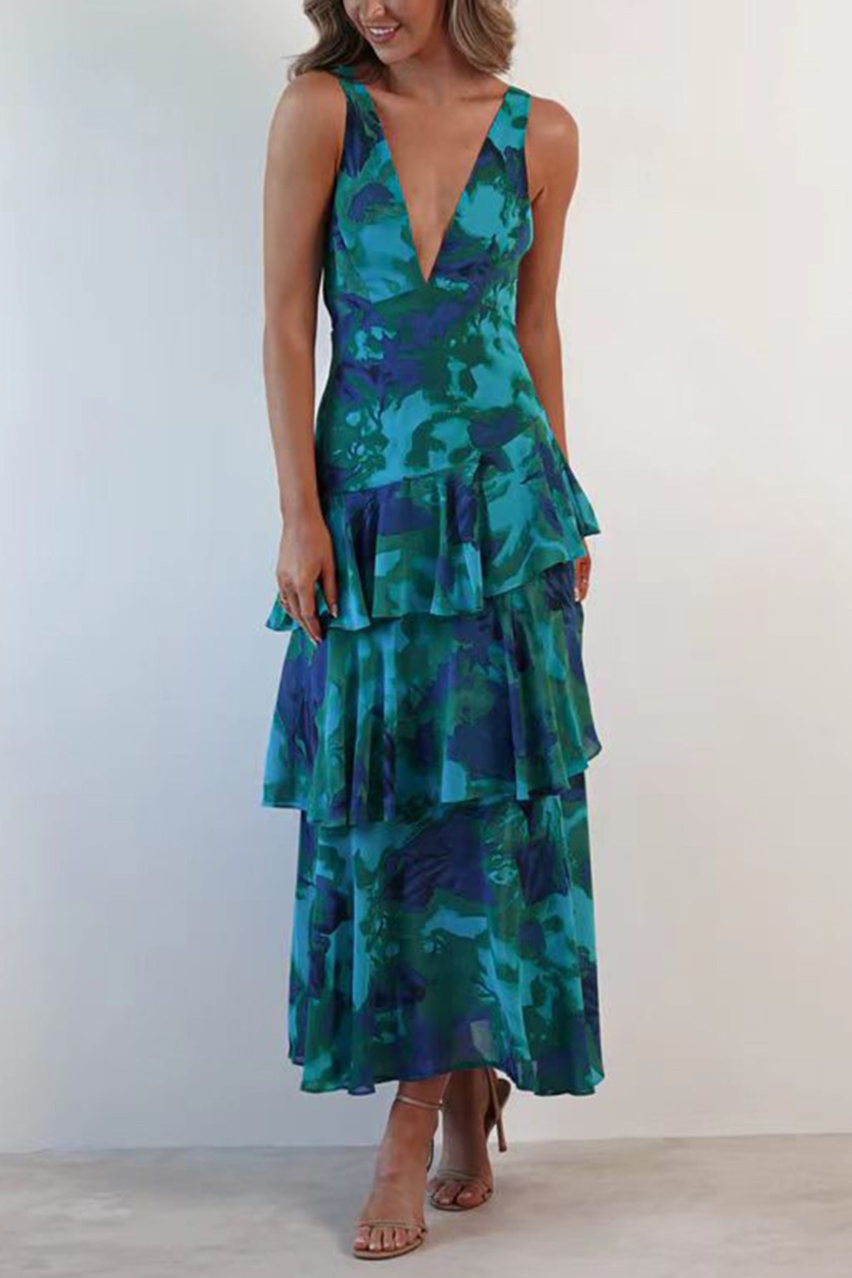 Arolora Floral Print Tie-up Back Chiffon Tiered Dress