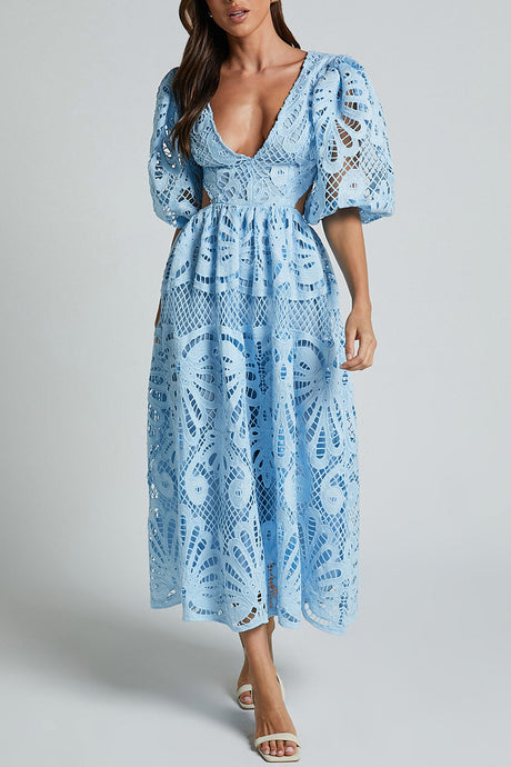 Arolora V-neck Lace Embroidery Hollow Waist Dress