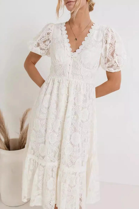 Arolora Lace Single-breasted Midi Dress