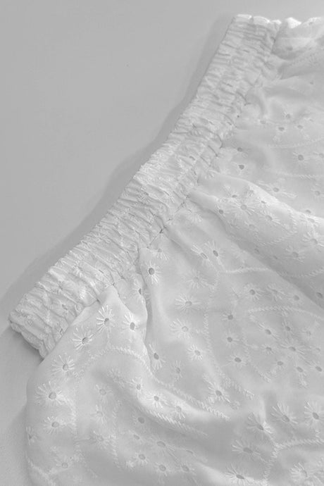 Arolora Hollow-out Jacquard Blouse Tiered Shorts Set