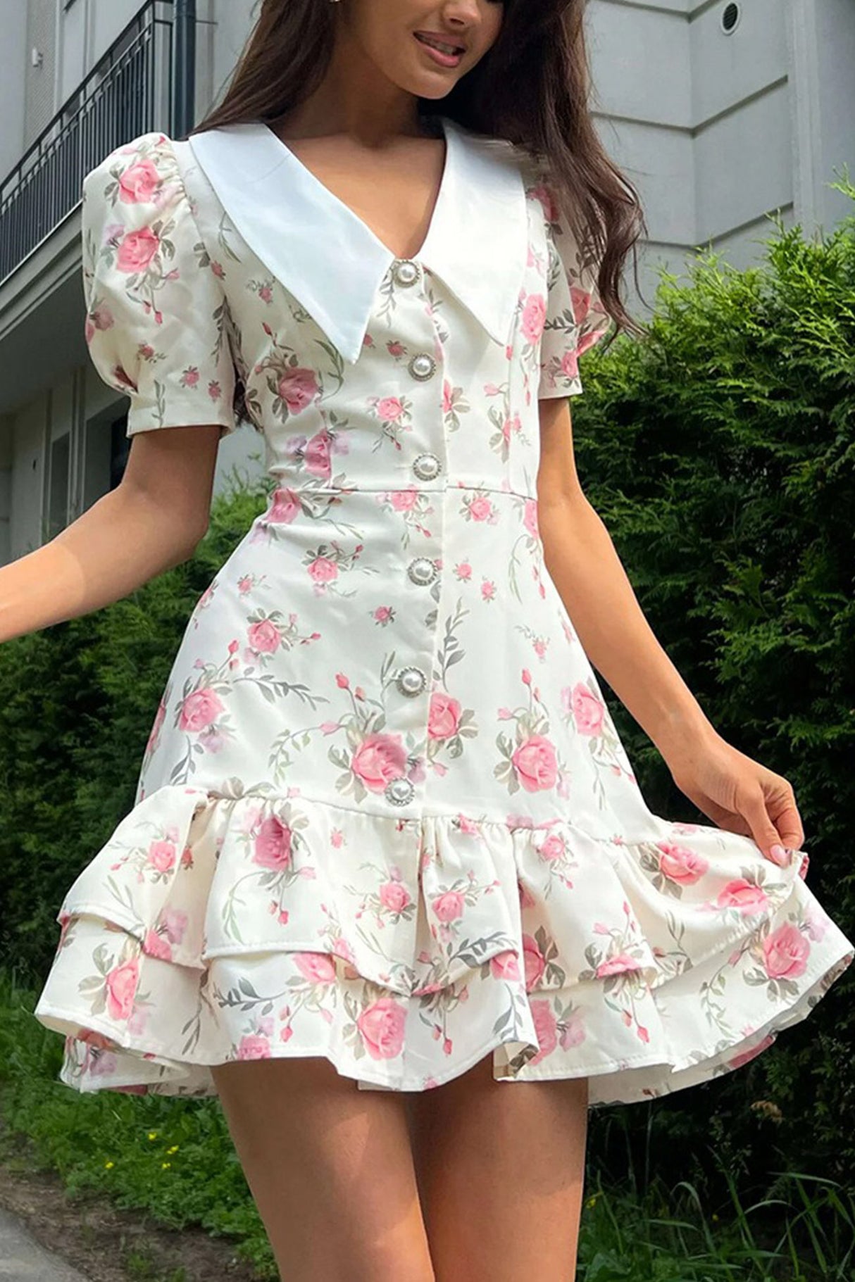 Arolora V-Neck Puff Sleeve A-line Ruffle Mini Dress
