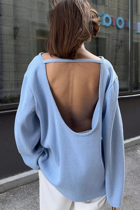 Crew Neck Backless Cotton Sweater