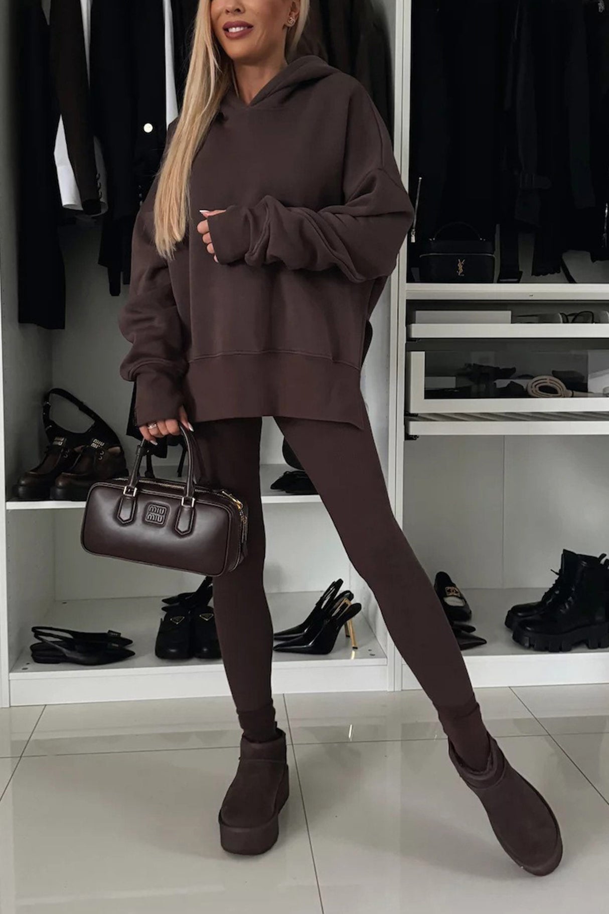Printed Slit Hem Hoodie Leeging Set