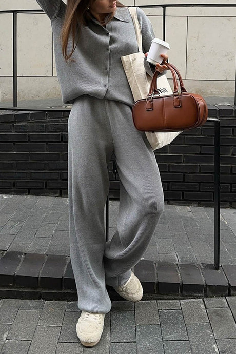 Lapel Button-down Ribbed Knit Two-piece Set