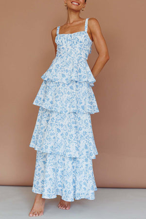 Arolora Floral Print Tie-up Tiered Midi Dress