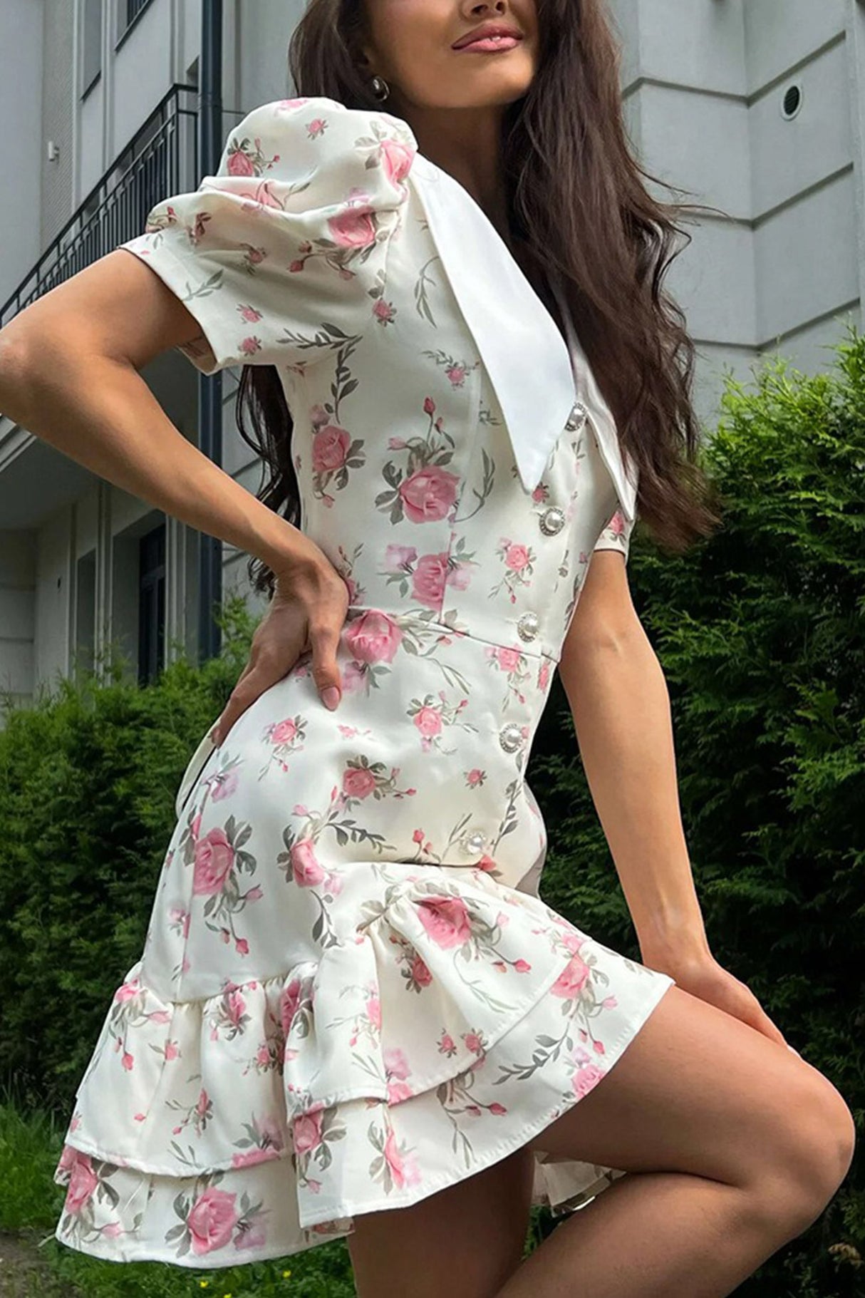 Arolora V-Neck Puff Sleeve A-line Ruffle Mini Dress