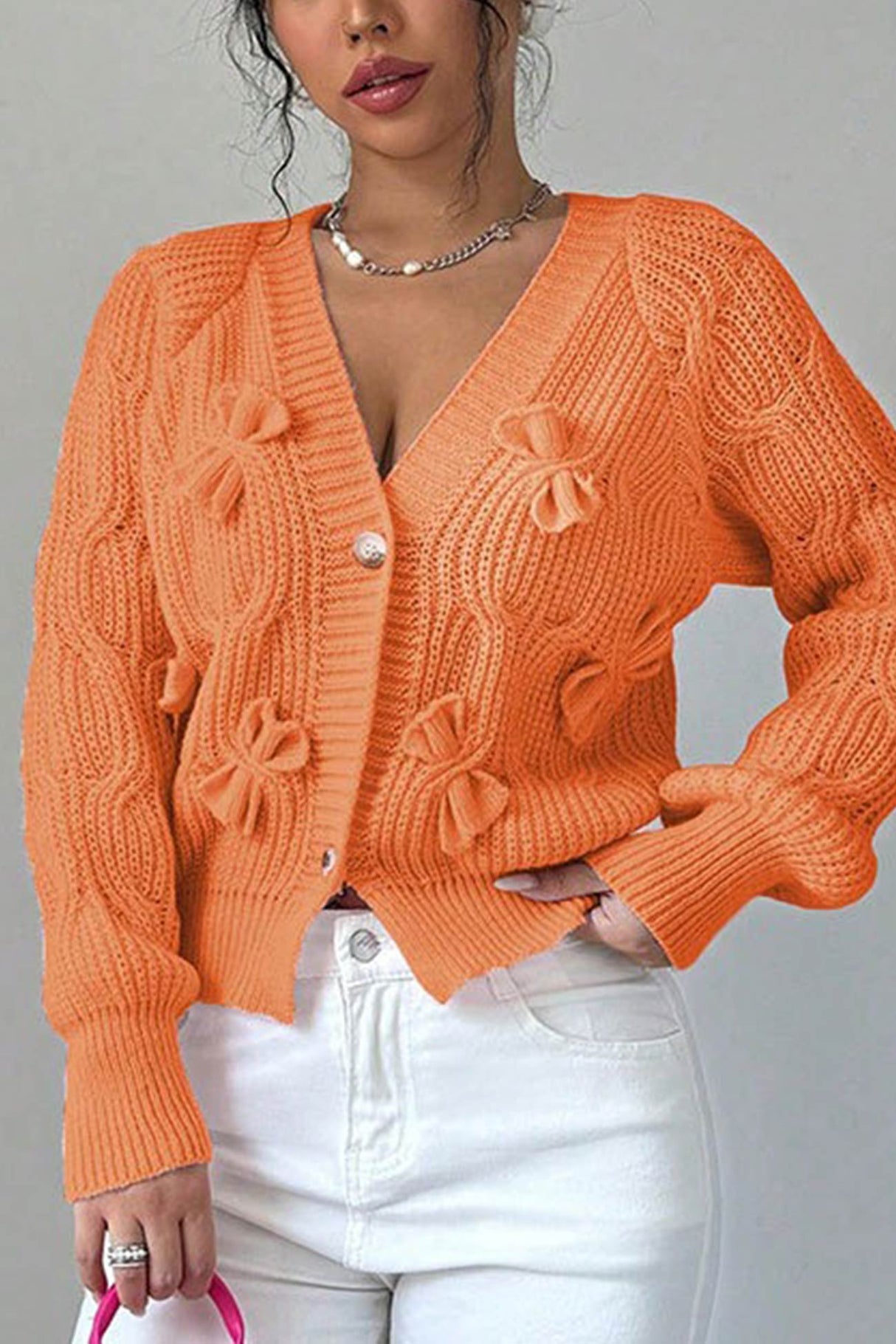 Bow Lantern Sleeve Button-down Cardigan