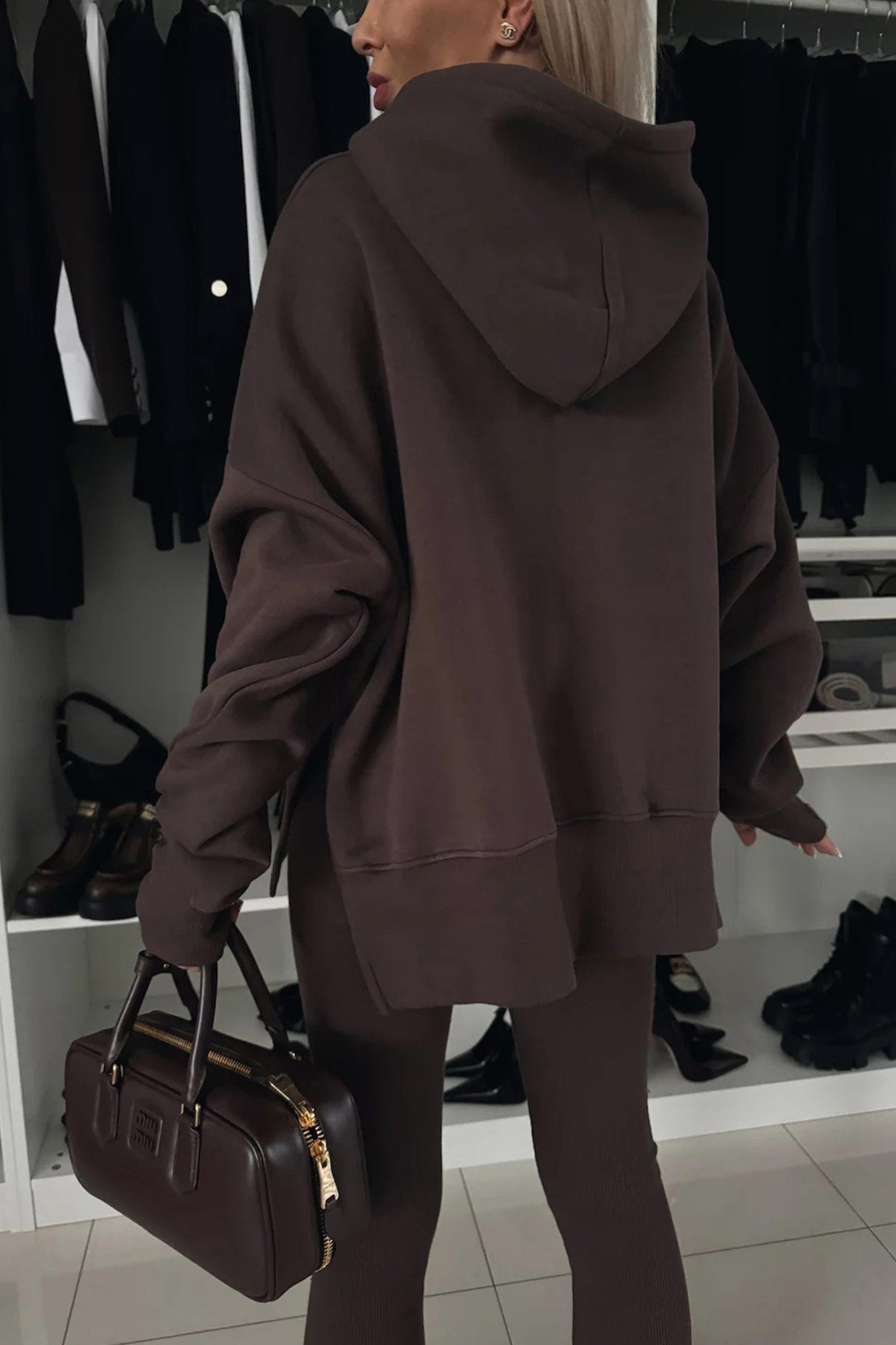 Printed Slit Hem Hoodie Leeging Set