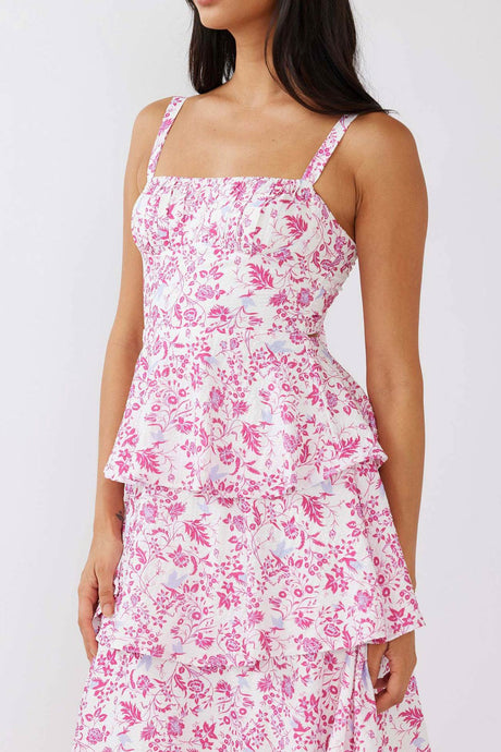 Arolora Floral Print Tie-up Tiered Midi Dress