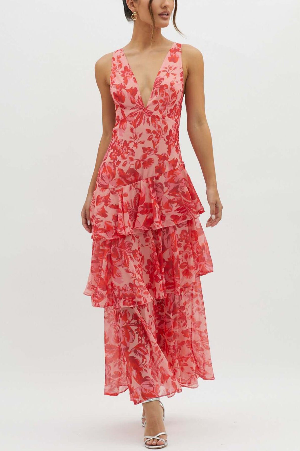 Arolora Floral Print Tie-up Back Chiffon Tiered Dress