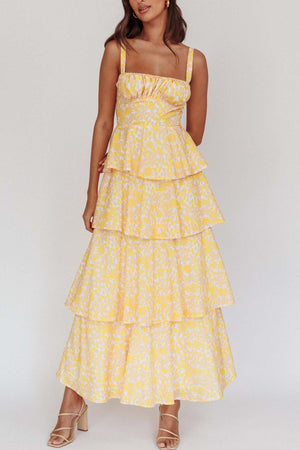 Arolora Floral Print Tie-up Tiered Midi Dress