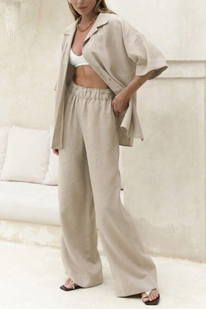Arolora Solid Color Cotton Half Sleeve Blouse Pants Set