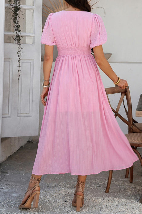 Arolora Puff Sleeve Single Breasted Slit Dress