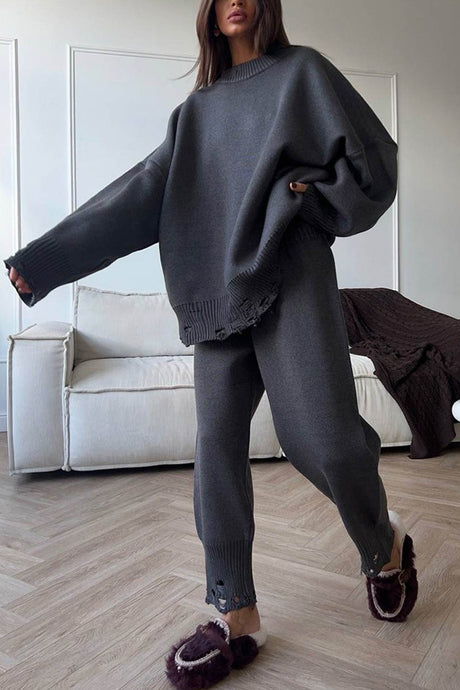 Raw Edge Crew Neck Sweater Set