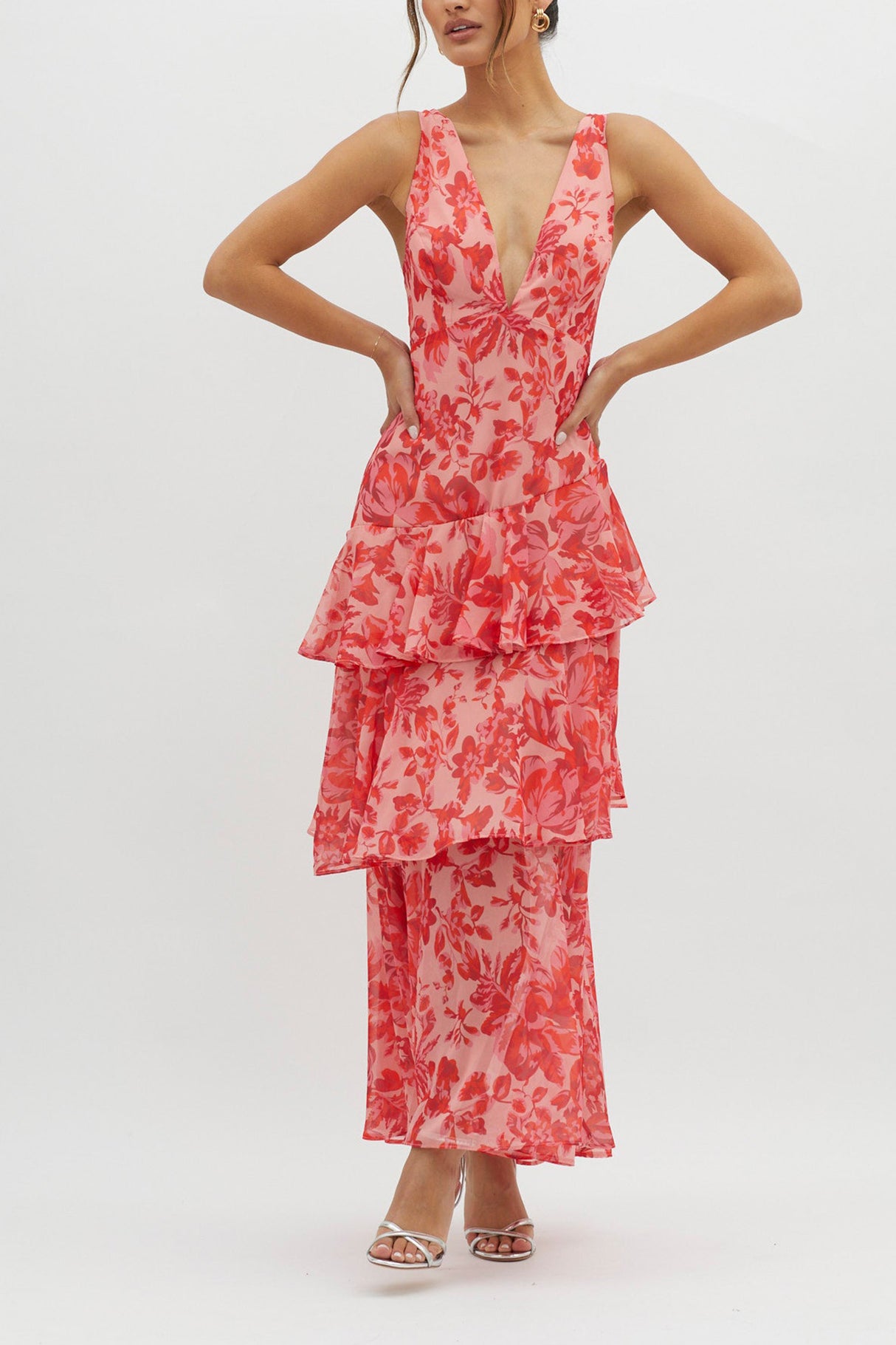 Arolora Floral Print Tie-up Back Chiffon Tiered Dress
