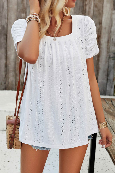 Arolora Square Neck Puff Sleeve Hollow Out Blouse