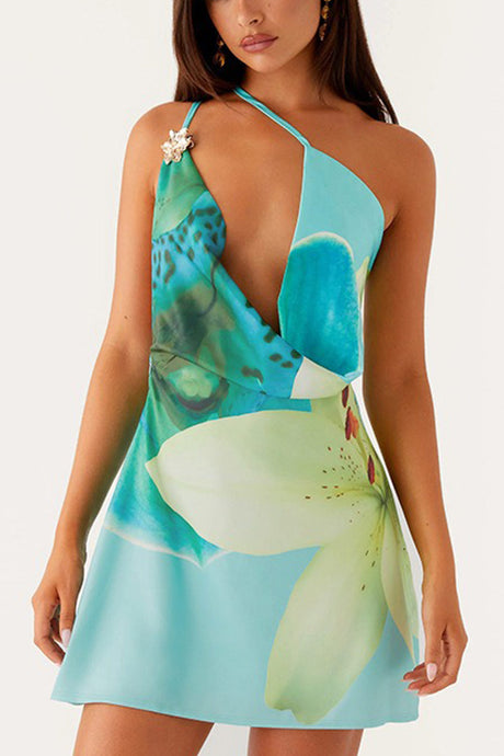 Arolora Floral Cowl Neck One-shoulder Mini Dress