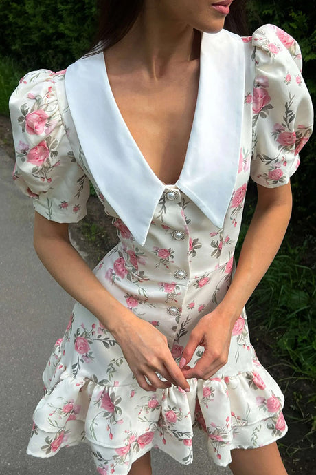 Arolora V-Neck Puff Sleeve A-line Ruffle Mini Dress