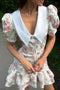 Arolora V-Neck Puff Sleeve A-line Ruffle Mini Dress