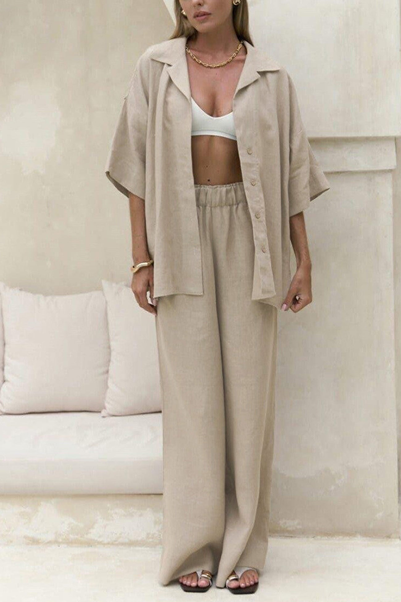 Arolora Solid Color Cotton Half Sleeve Blouse Pants Set