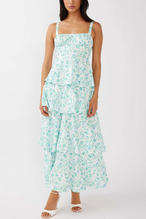 Arolora Floral Print Tie-up Tiered Midi Dress