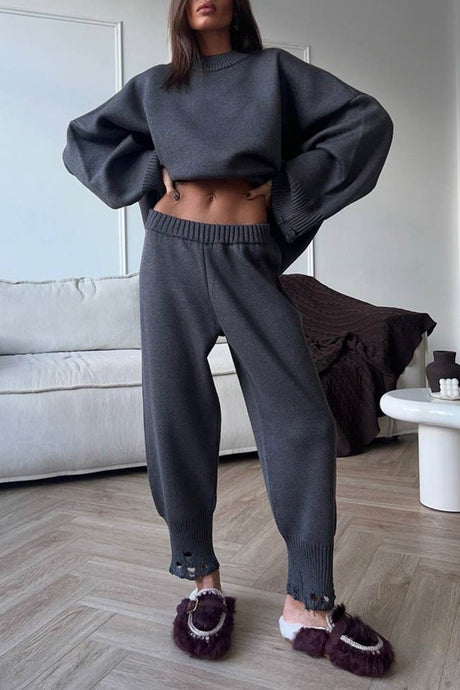 Raw Edge Crew Neck Sweater Set