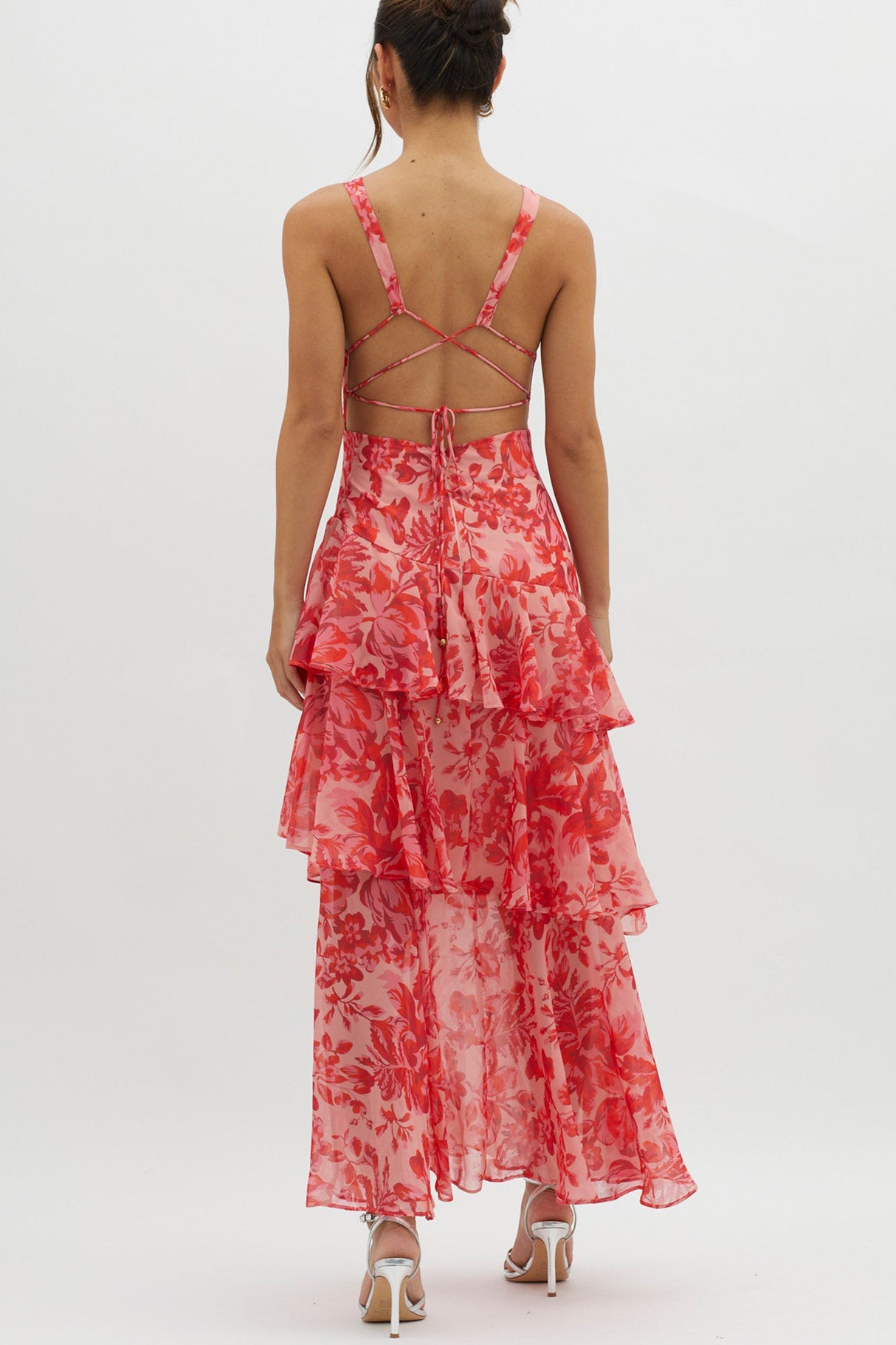 Arolora Floral Print Tie-up Back Chiffon Tiered Dress