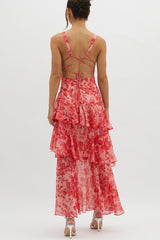 Arolora Floral Print Tie-up Back Chiffon Tiered Dress