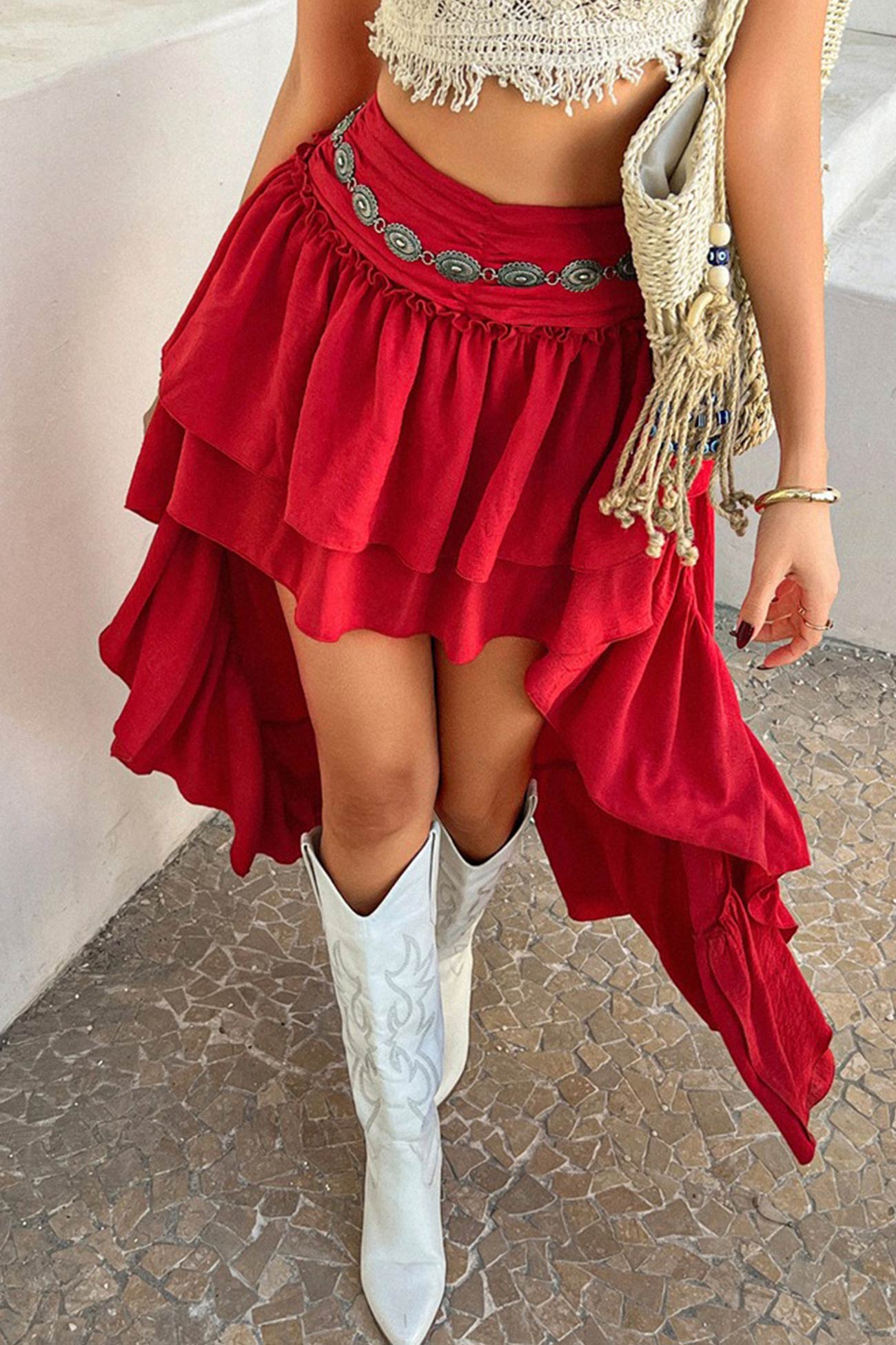Arolora Solid Color High Rise High-low Tiered Skirt