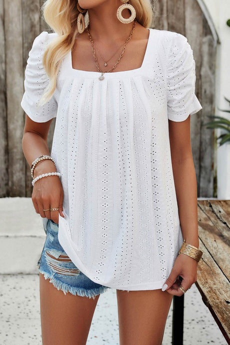 Arolora Square Neck Puff Sleeve Hollow Out Blouse