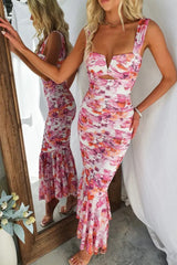 Arolora Floral Print Ruched Fishtail Dress