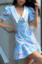Arolora V-Neck Puff Sleeve A-line Ruffle Mini Dress