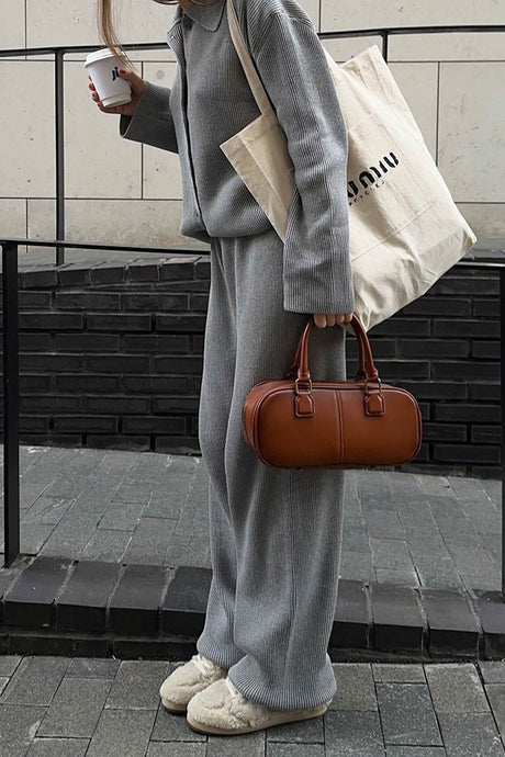 Lapel Button-down Ribbed Knit Two-piece Set