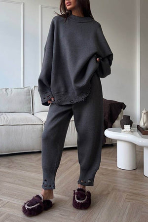 Raw Edge Crew Neck Sweater Set