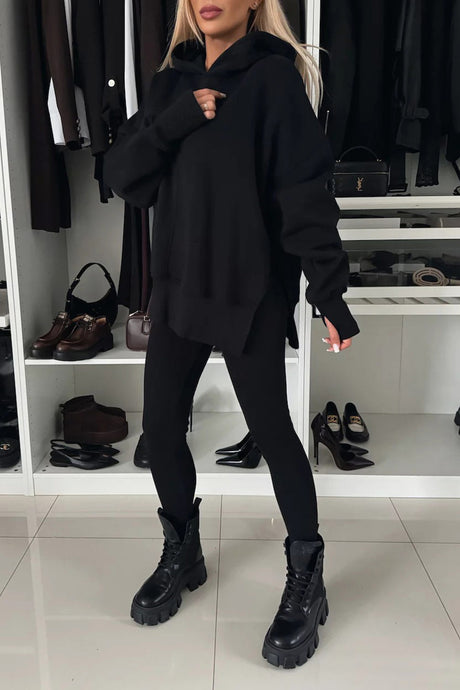 Printed Slit Hem Hoodie Leeging Set